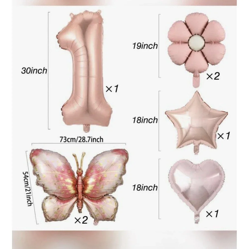 Balloons Set 7Pcs Butterfly 1st Birthday Party Foil, Pink Gold Daisy Heart Star